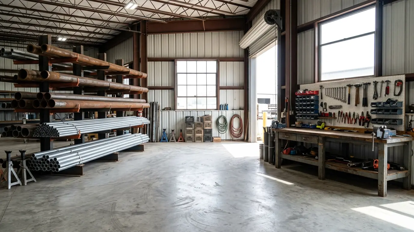 The inside of a tidy contractor workshop with steel pier shafts and pipes racked on a shelf, a clean concrete floor and a workbench with hand tools