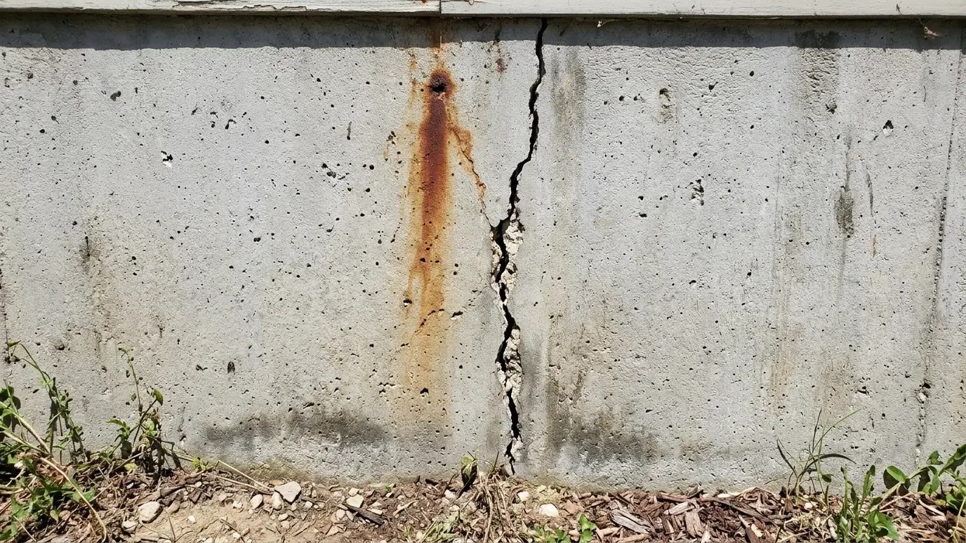 Before: a basement wall with a long vertical crack with water staining