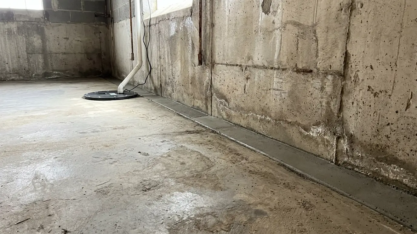 After: Wet floor gets a drain | Music City Foundation After: a basement with a dry floor with an interior drain and a lidded sump pit