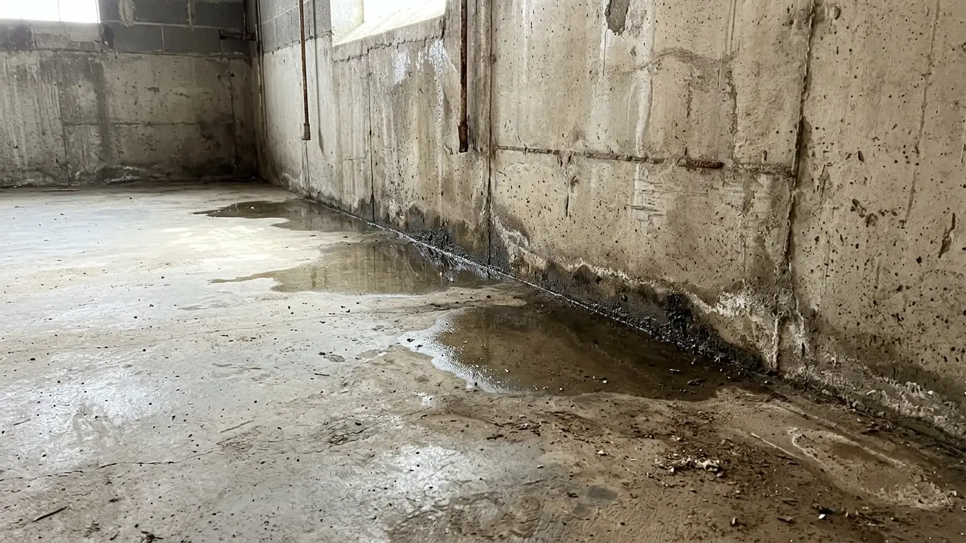 Before: a basement with a floor with puddles along the base of the wall
