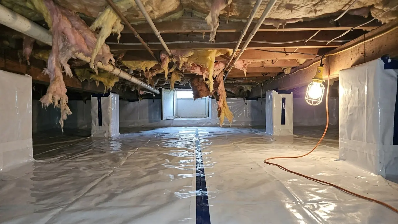 After: Dirt crawl space sealed | Music City Foundation After: a crawl space with a clean white vapor barrier with taped seams