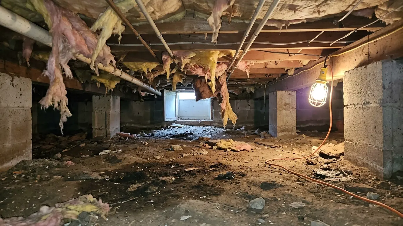 Before: a crawl space with a bare dirt floor with damp soil and loose insulation