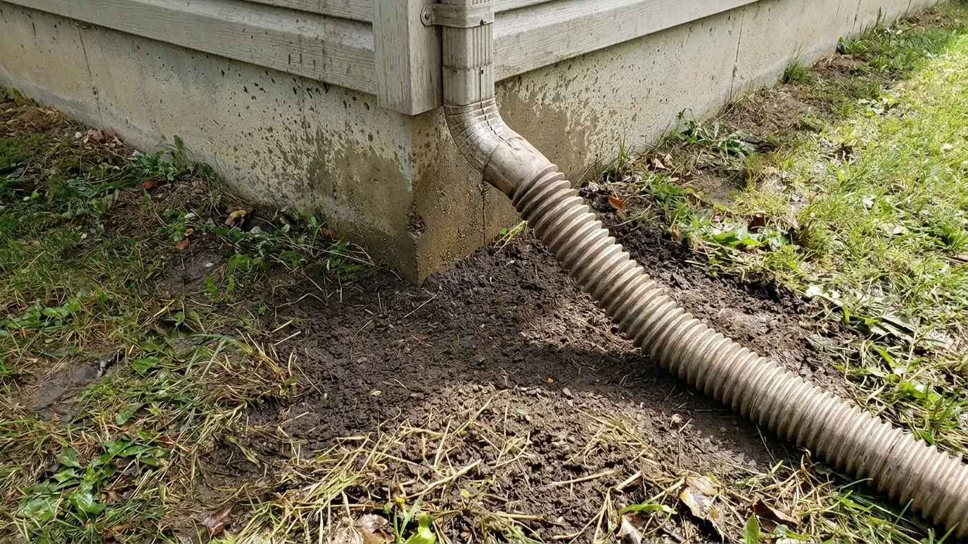 After: Downspout carried away | Music City Foundation After: a house corner with a long downspout extension and soil sloped away from the wall