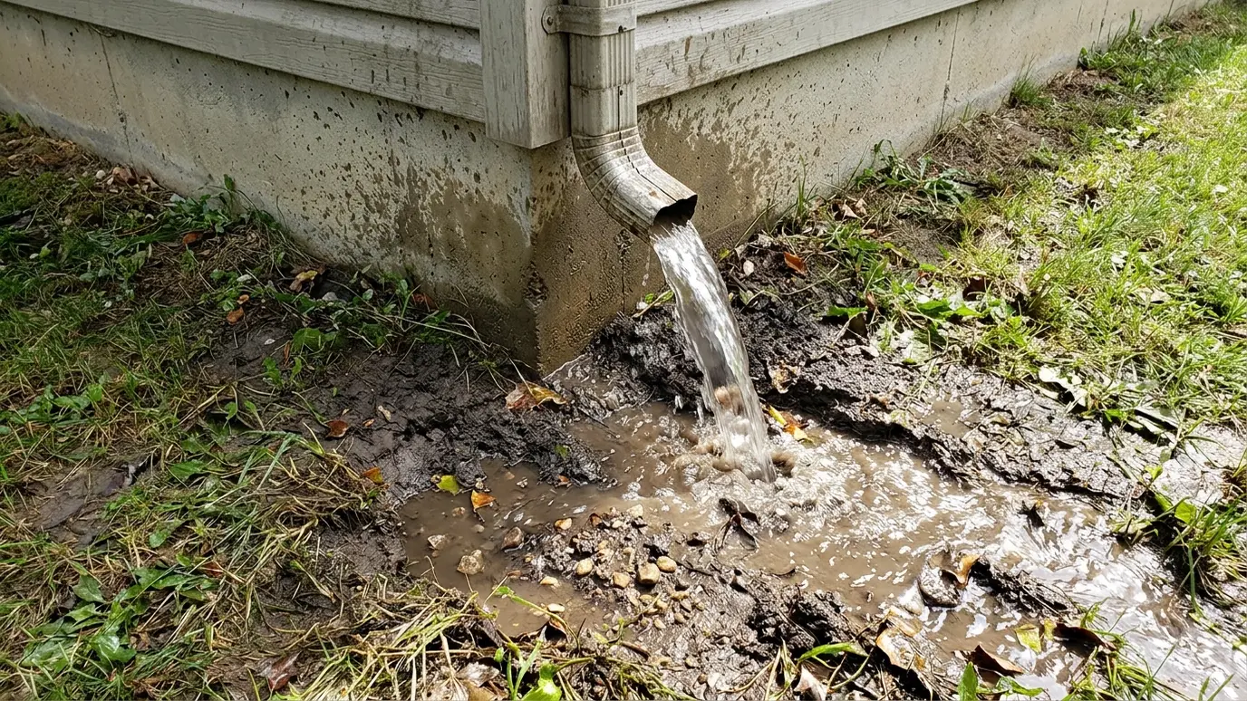 Before: a house corner with a downspout pouring beside the foundation onto washed-out soil