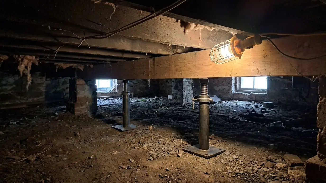 After: Sagging beam supported | Music City Foundation After: a crawl space with a straight beam on adjustable steel jacks
