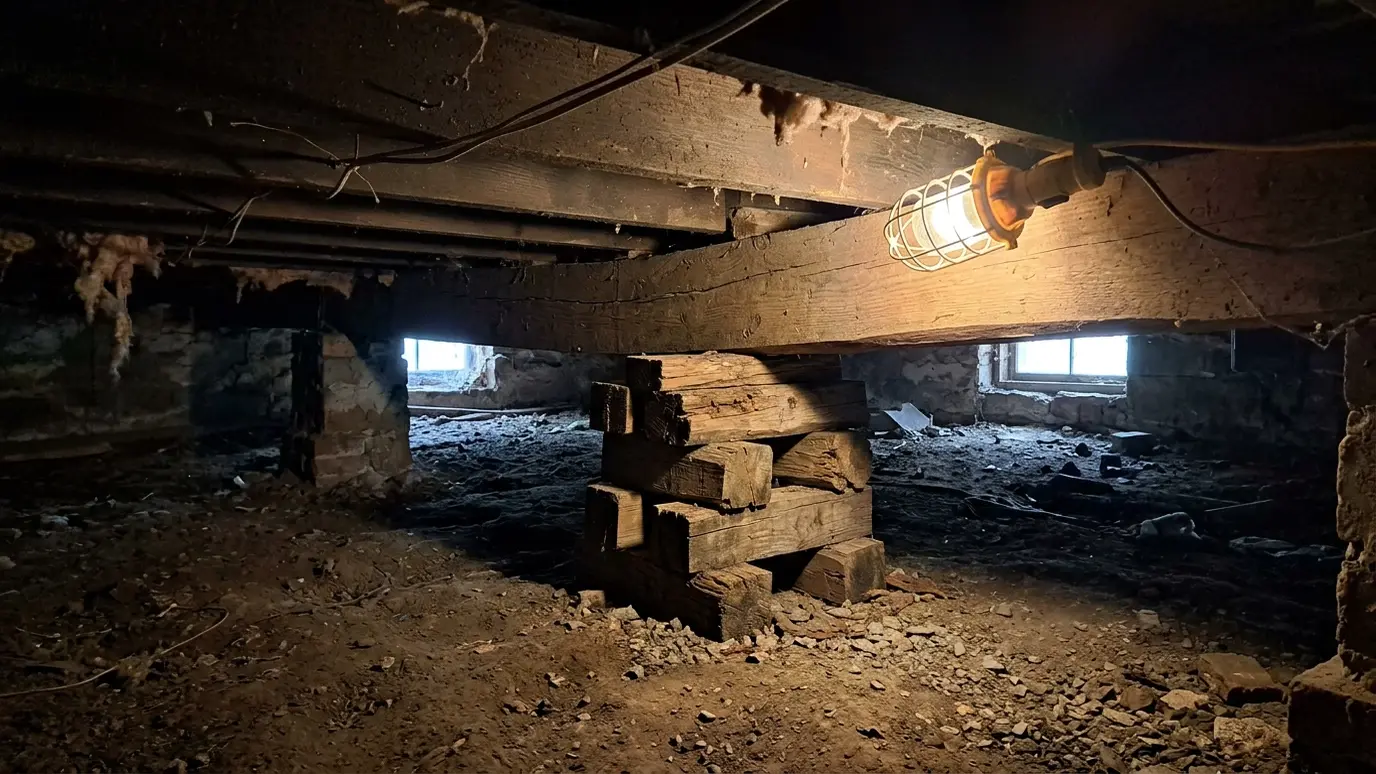 Before: a crawl space with a sagging wood beam on leaning wooden blocks