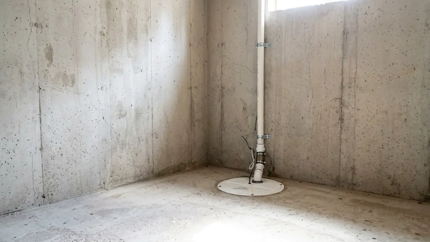 After: Bare corner gets a sump pump | Music City Foundation After: a basement corner with a round lidded sump pit with a pipe up the wall
