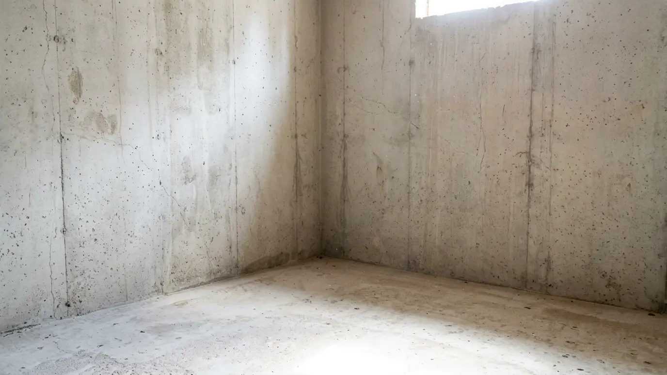 Before: a basement corner with a bare concrete corner with nothing installed