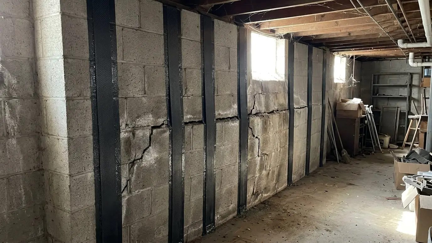After: Bowing wall braced | Music City Foundation After: a basement wall with black carbon fiber straps fixed along the wall