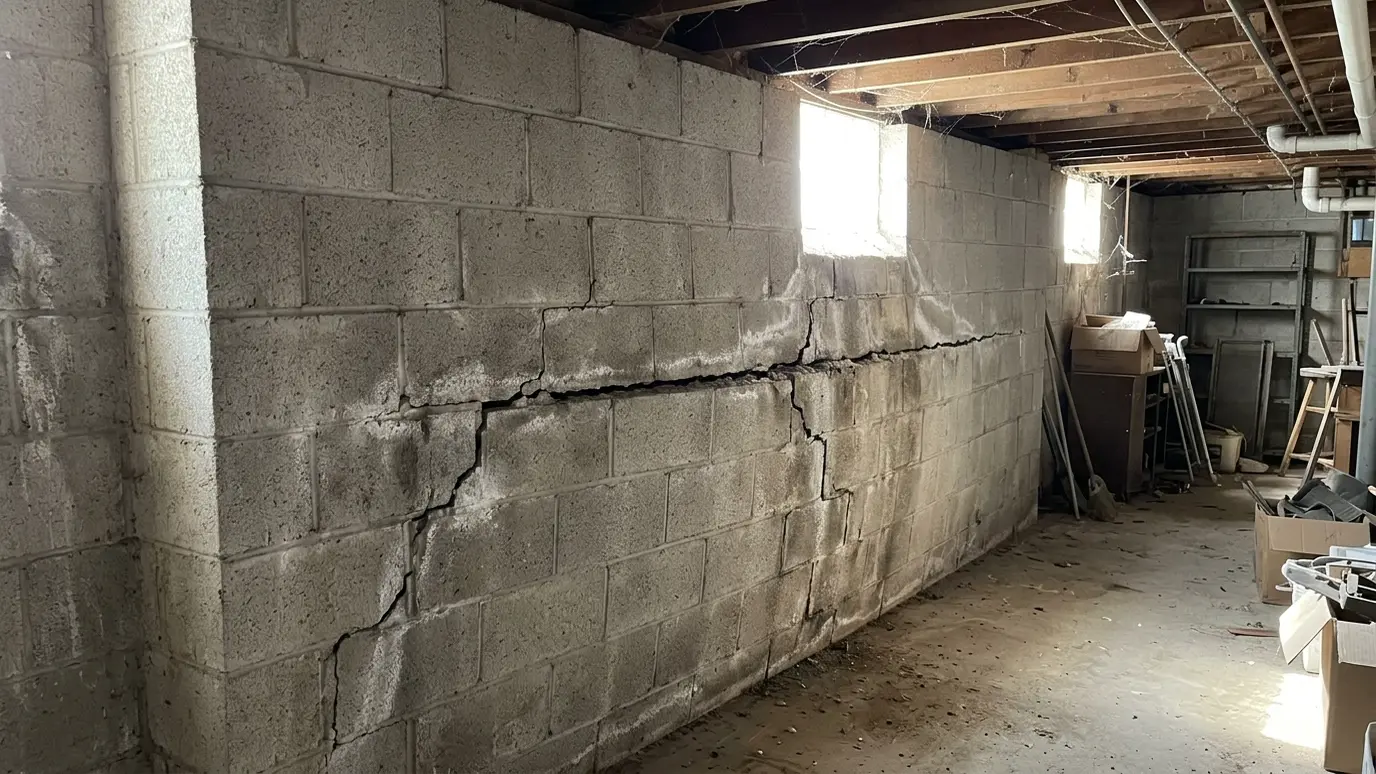 Before: a basement wall with a block wall with a horizontal crack and a bow