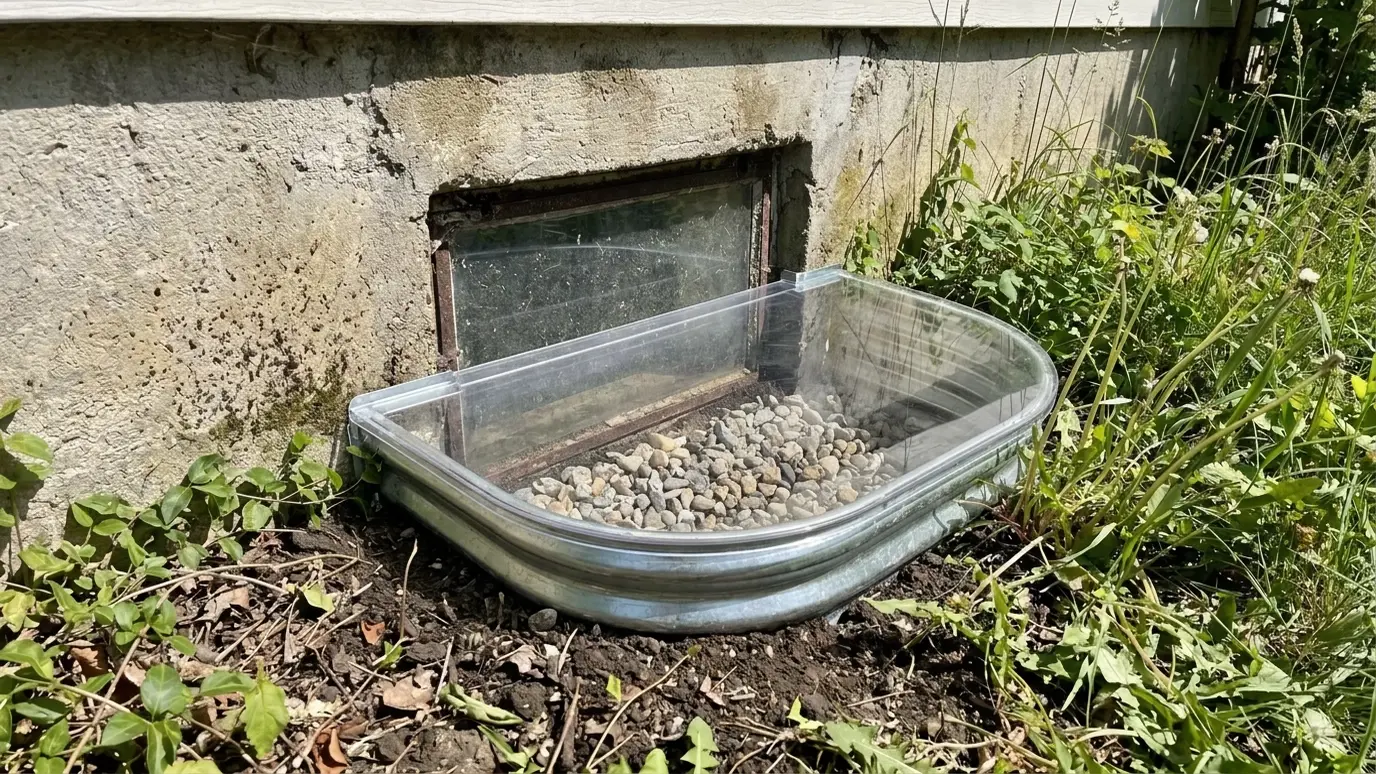 After: Buried window gets a well | Music City Foundation After: a basement window with a corrugated metal well with a clear cover and gravel