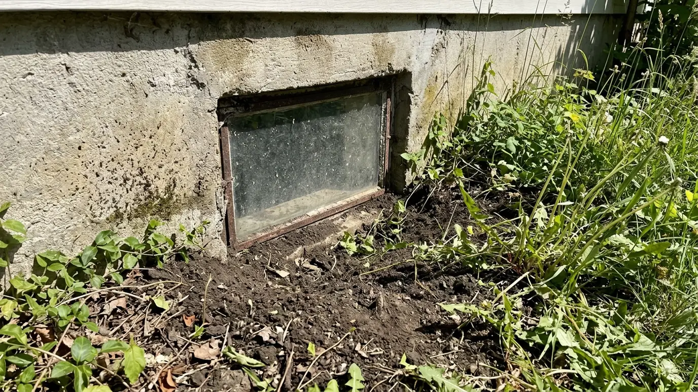 Before: a basement window with a basement window half buried in soil