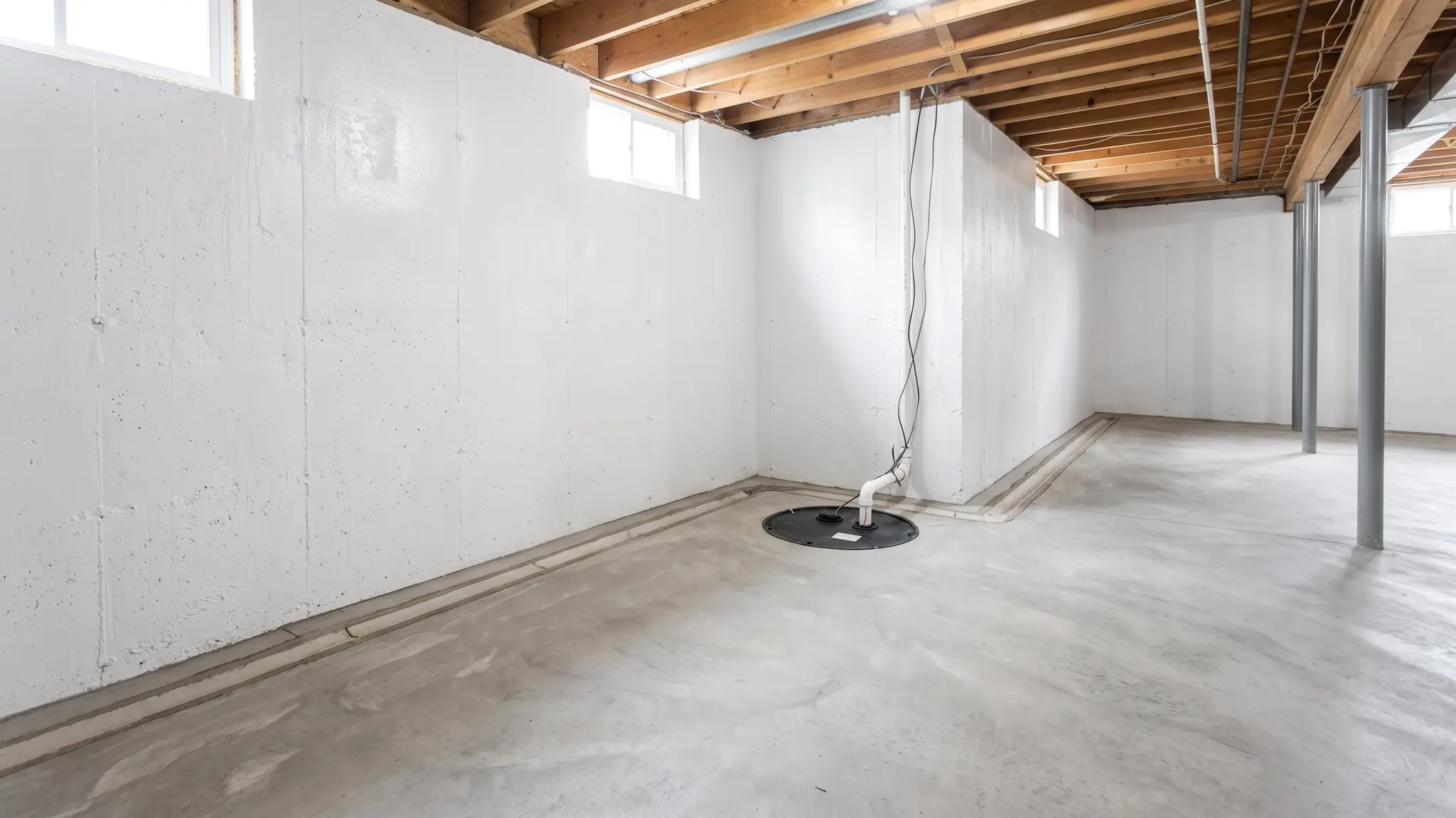 Dry basements | Music City Foundation A clean, dry unfinished basement with white painted concrete walls, a smooth floor and an interior drain channel along the wall leading to a lidded sump pit