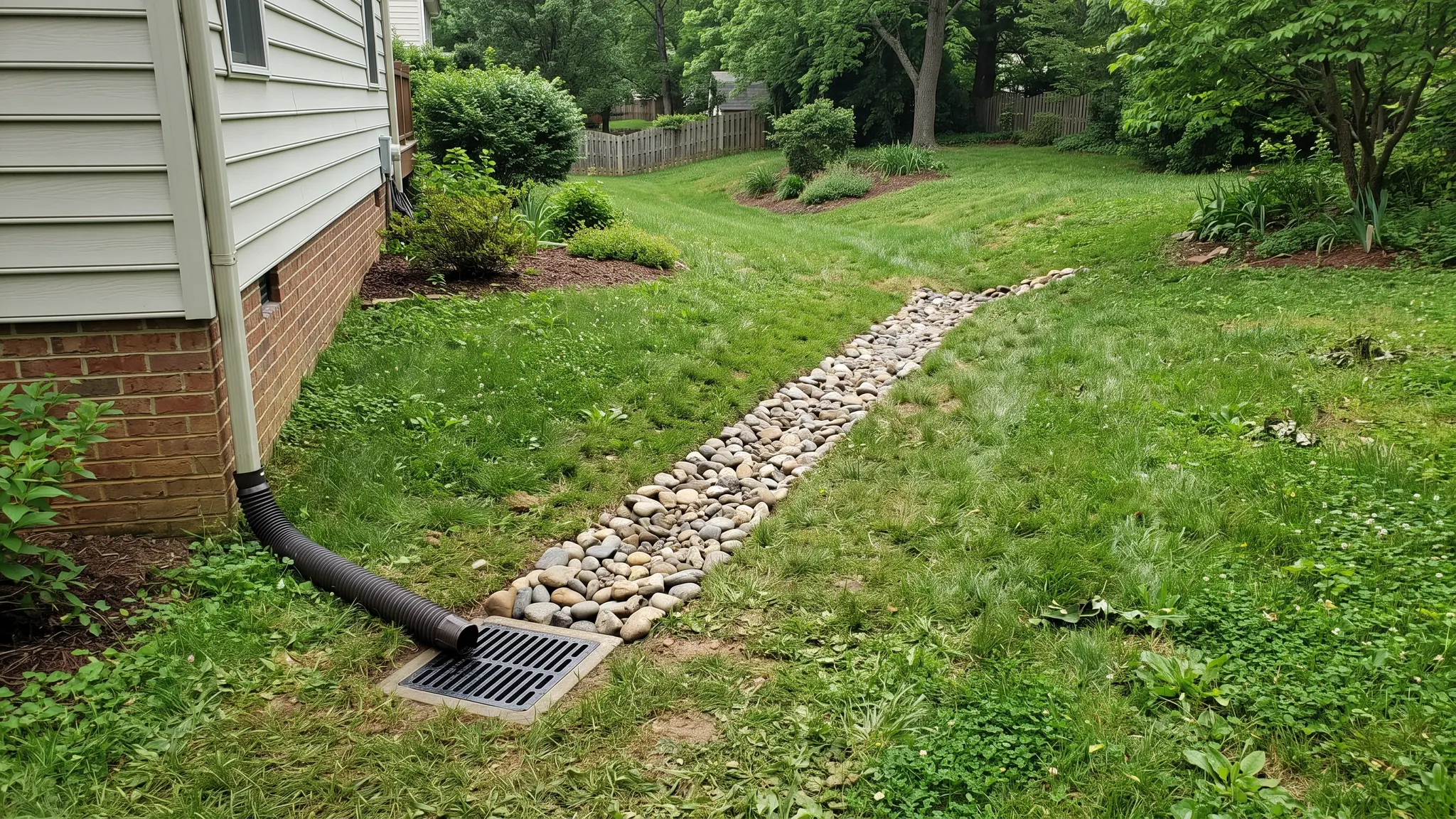 A green yard sloping gently away from a house with a downspout extension, a stone-filled French drain trench and a catch basin grate in soft light