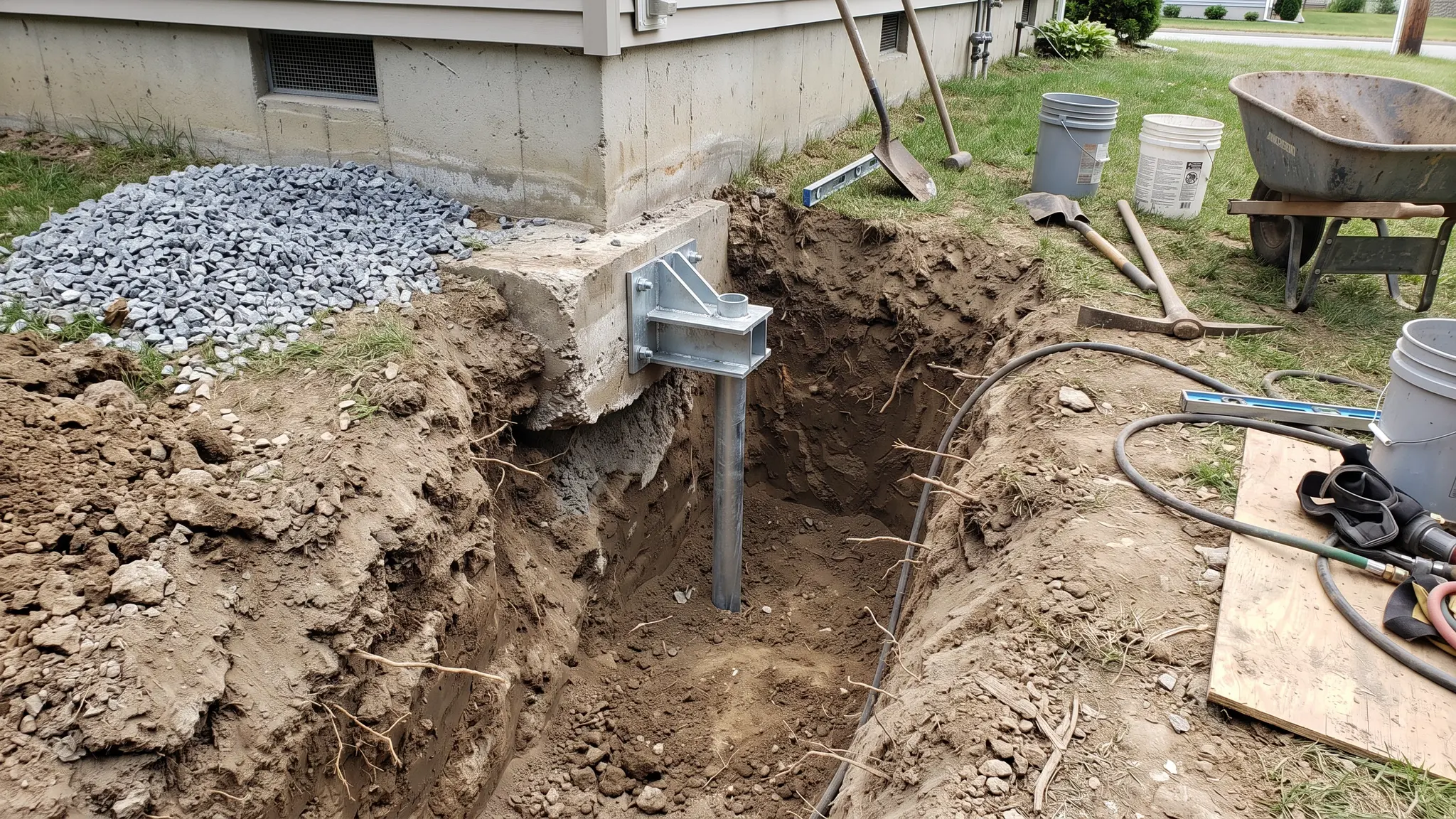 An excavated trench along a house foundation wall showing a steel push pier bracket installed beneath the footing, with clean gravel and tools nearby