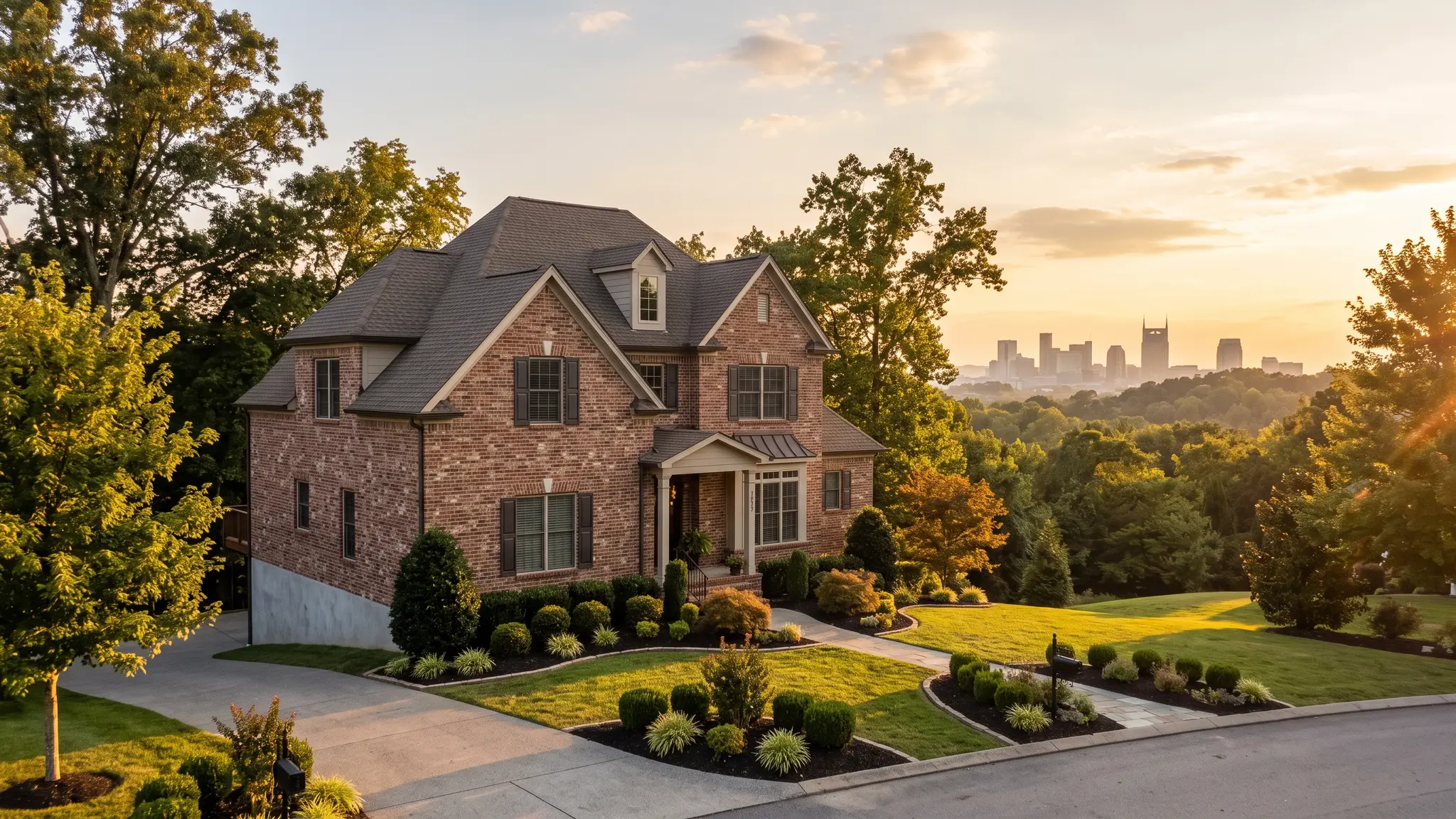Music City Foundation | Foundation repair and waterproofing in Nashville, TN A handsome brick Tennessee home with a solid poured concrete foundation and neat landscaping at golden hour, with the Nashville skyline softly visible in the distance