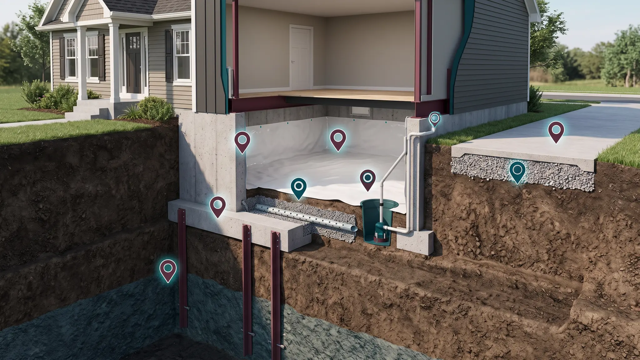 A cutaway illustration of a house and the ground beneath it showing the footing, foundation wall, steel piers, an interior drain, a sump pump, a crawl space with a vapor barrier and a leveled concrete driveway, with small marker icons