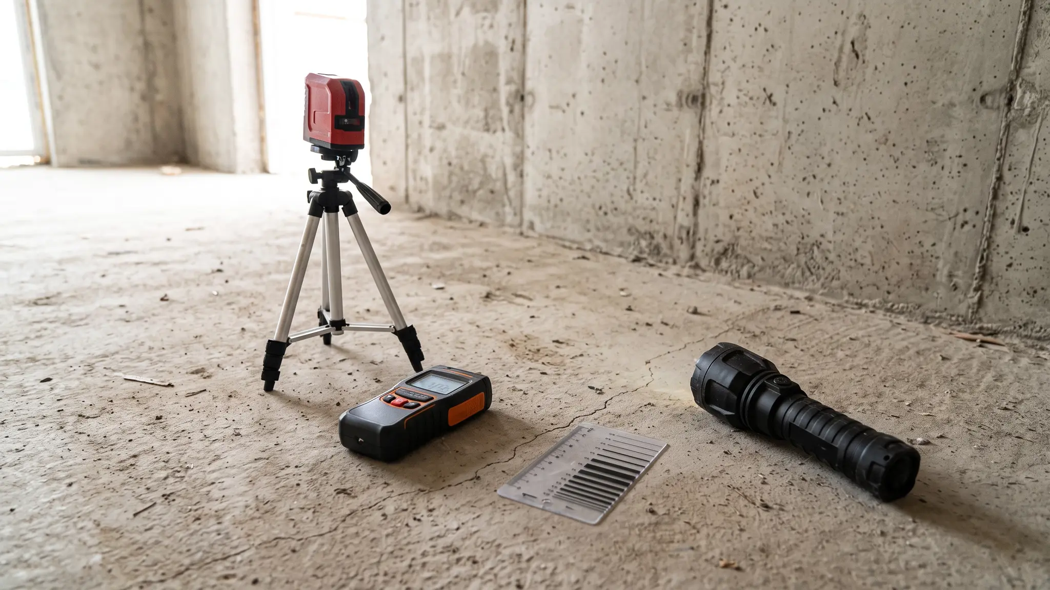 Inspection tools on a concrete floor: a laser level on a tripod, a moisture meter, a crack width gauge card and a flashlight against a concrete wall