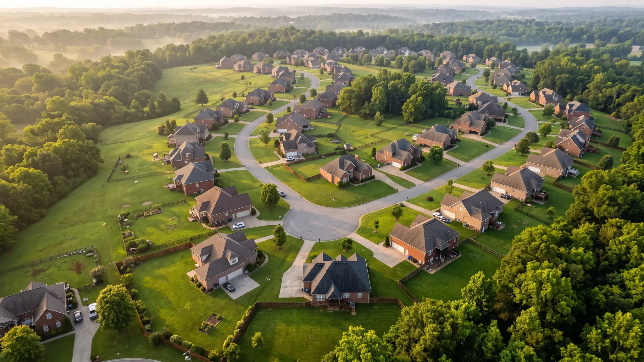 Foundation gallery | Music City Foundation An aerial view of a Tennessee neighborhood with brick homes, driveways and lawns in soft morning light
