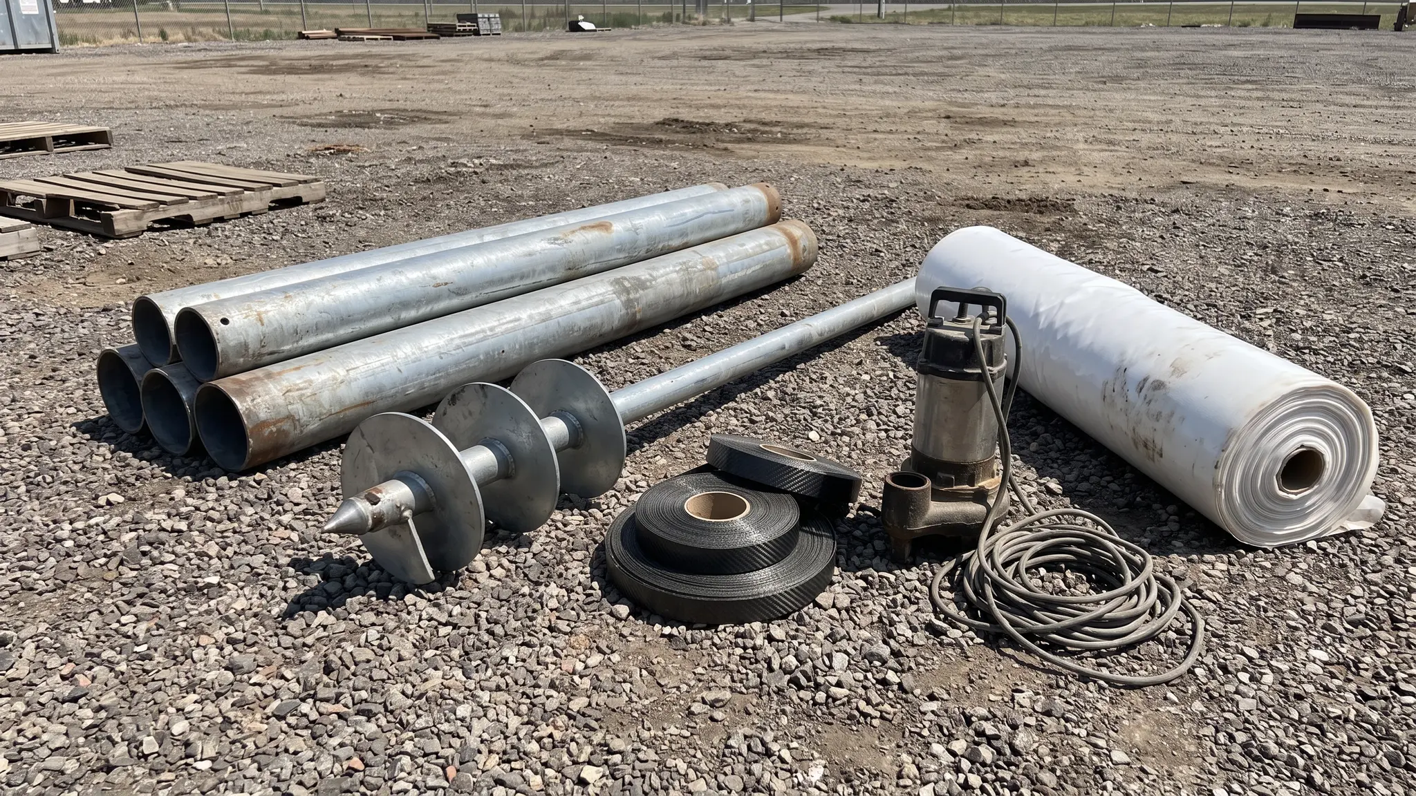 Foundation ideas and material guides | Music City Foundation Foundation repair equipment arranged on a gravel yard: steel push piers, a helical pier shaft, carbon fiber strap rolls, a sump pump and a roll of white vapor barrier