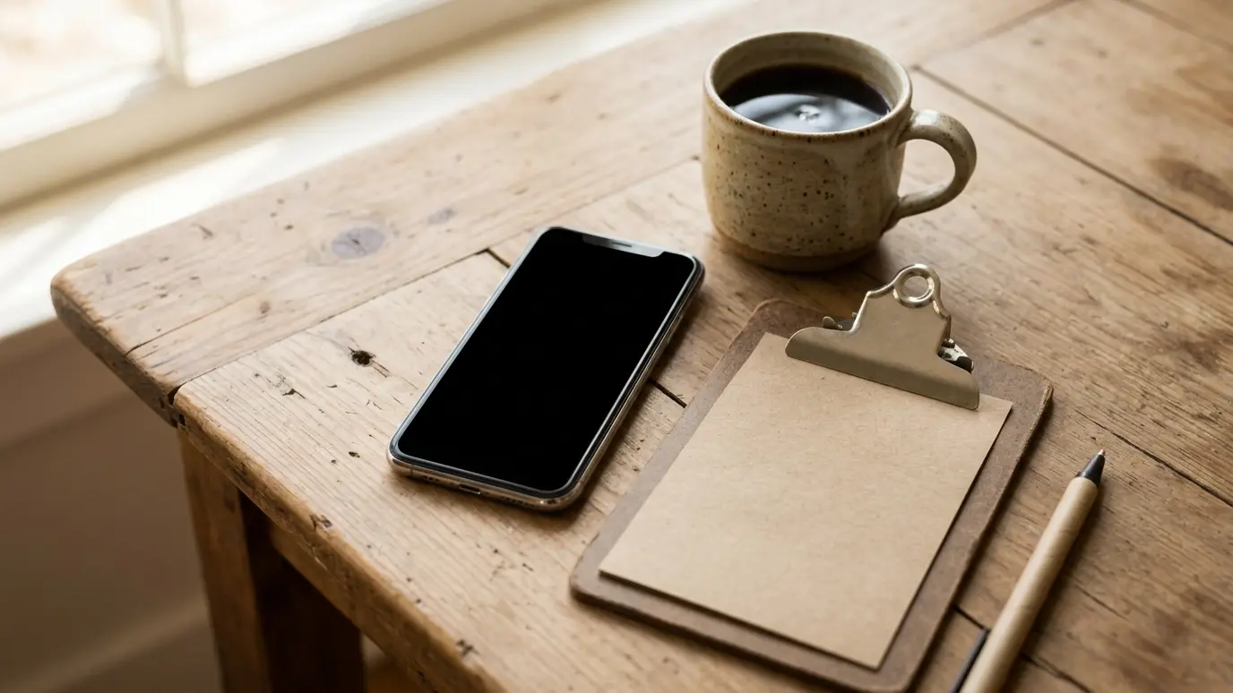 Call and schedule A smartphone with a blank dark screen on a table beside a coffee mug and a small clipboard in soft warm light
