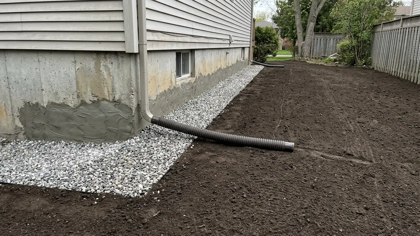 Finish and walk through A tidy freshly graded yard beside a repaired foundation wall with clean gravel and a downspout extension in soft light