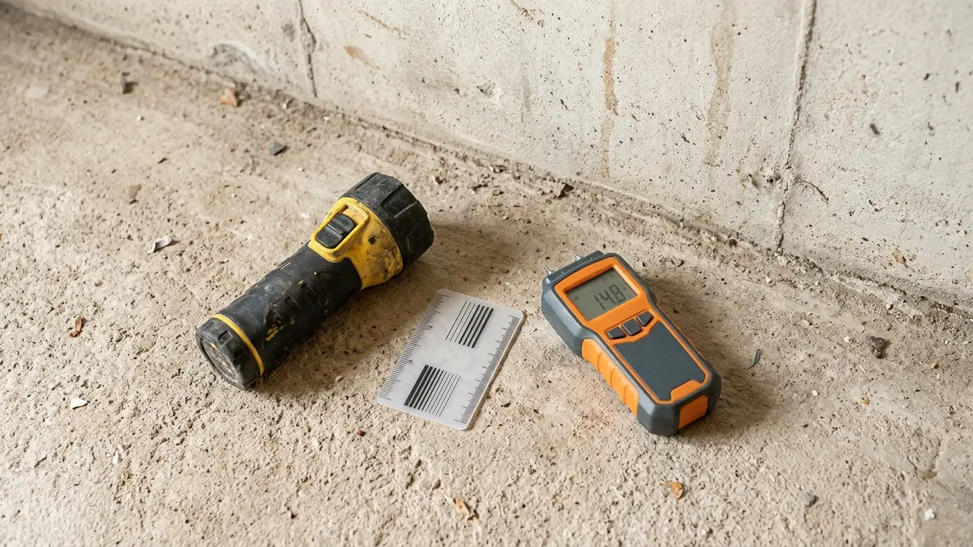 Inspect and listen A flashlight, a crack gauge card and a moisture meter resting on a concrete basement floor beside a wall in bright light
