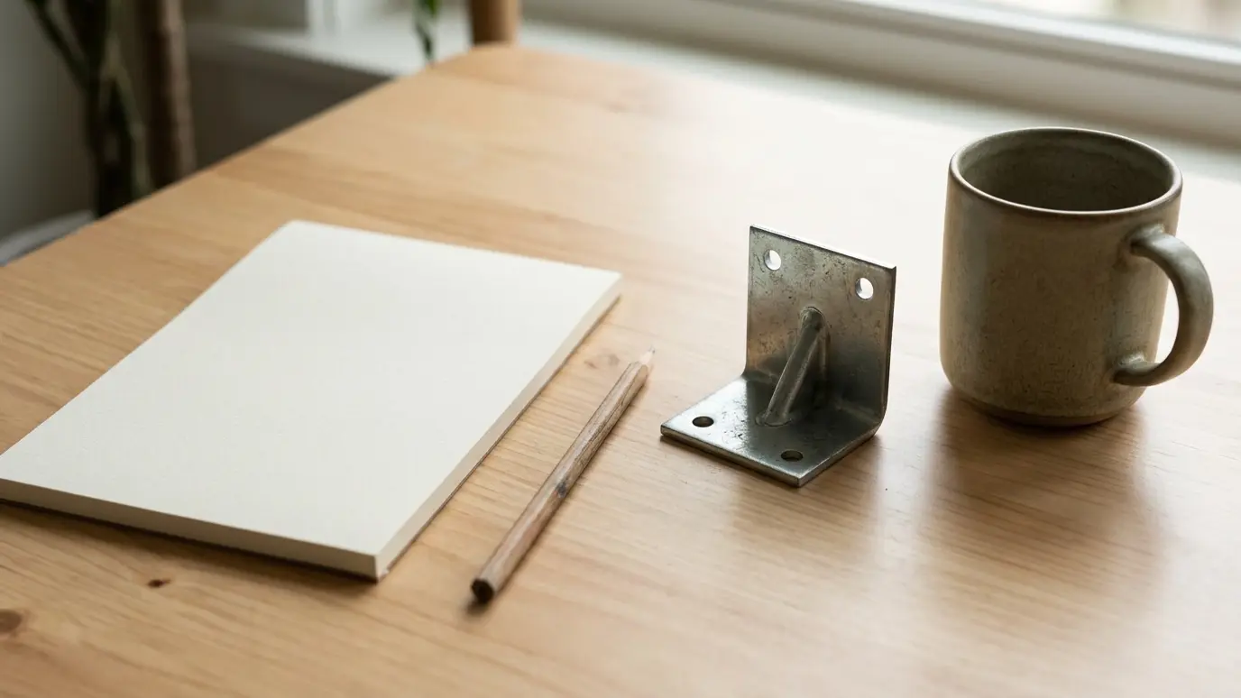 Plan and explain A clean desk with a blank notepad, a pencil and a small steel pier bracket beside a mug in soft window light