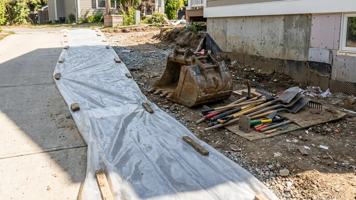 Prepare and protect Plastic floor protection laid over a driveway edge beside neatly stacked tools and a mini excavator bucket at a house foundation in bright light