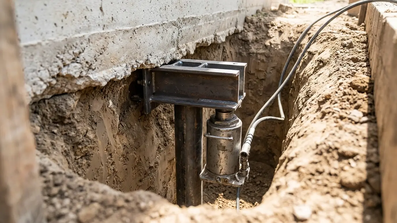 Do the work A steel pier bracket being positioned under a house foundation in a clean trench with a hydraulic jack in bright light