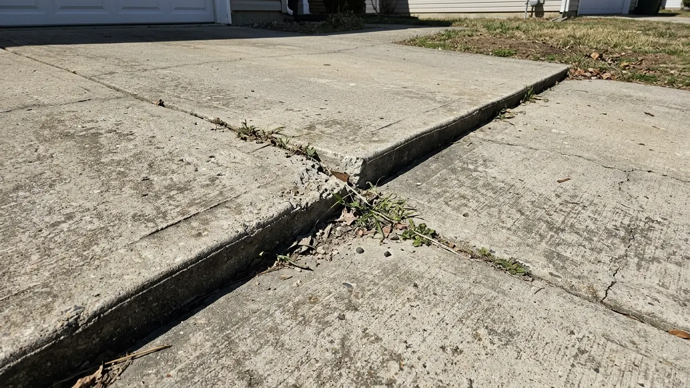 A concrete driveway with one slab sunken at a joint A concrete driveway with one slab sunken at a joint