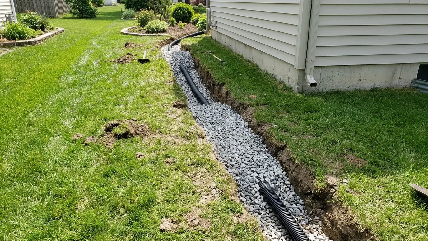 A gravel trench with perforated drain pipe beside a house A gravel trench with perforated drain pipe beside a house