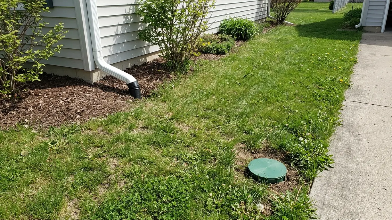 A downspout connected to a buried drain with an emitter at the edge of a yard A downspout connected to a buried drain with an emitter at the edge of a yard
