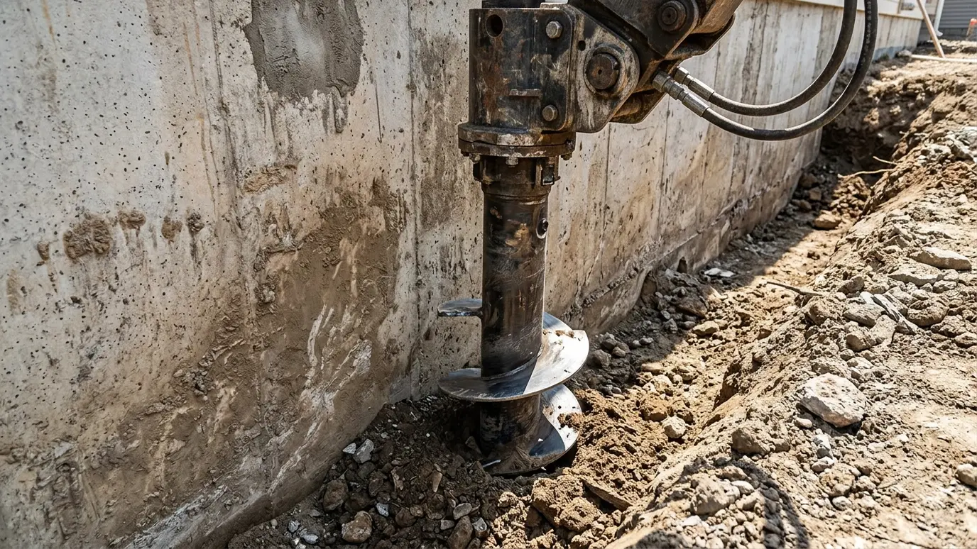 A helical pier shaft with spiral plates beside a foundation wall A helical pier shaft with spiral plates beside a foundation wall