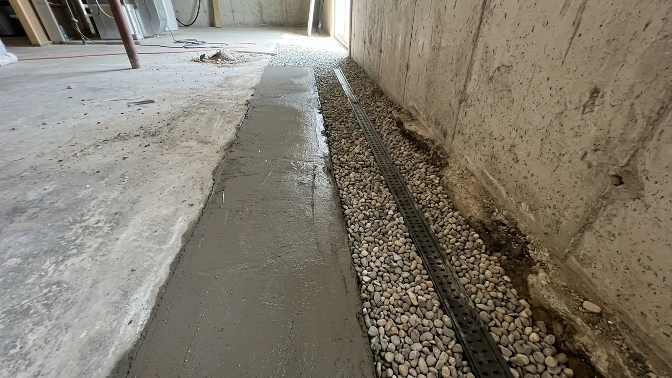 An interior drain channel along a basement floor edge An interior drain channel along a basement floor edge