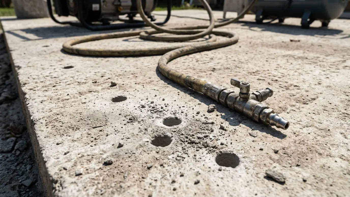 Injection holes in a concrete slab with a foam rig nozzle Injection holes in a concrete slab with a foam rig nozzle