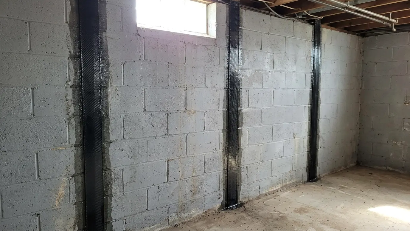 Black carbon fiber straps bonded to a gray basement wall Black carbon fiber straps bonded to a gray basement wall